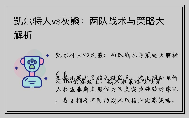 凯尔特人vs灰熊：两队战术与策略大解析